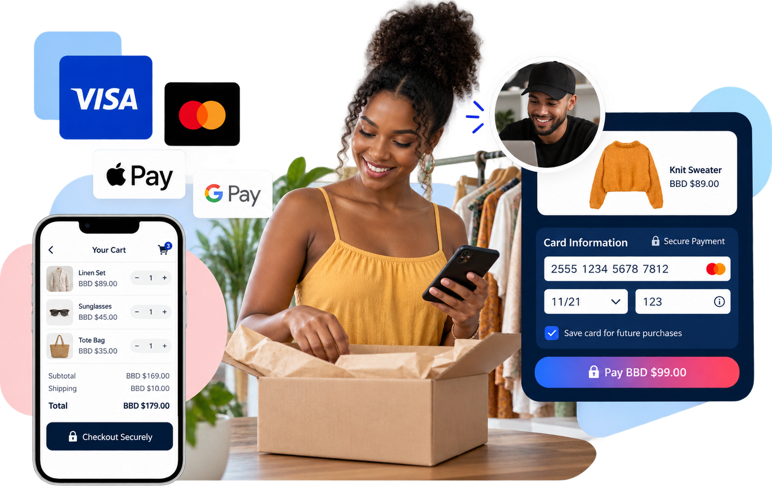A shop owner taking a card payment on her phone, with a mobile cart, card brand marks and a sample WooCommerce checkout card